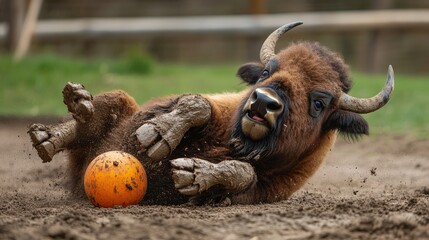 Obraz premium A bison playing with a ball like a puppy, rolling around in the dirt, showing off its playful side in a funny way.
