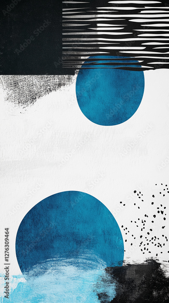 Poster abstract composition of black, white, and blue paint strokes and dots on a textured canvas, showcasi