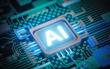 Futuristic glowing AI chip on a stylized electronic circuit board, symbolizing advanced technology.