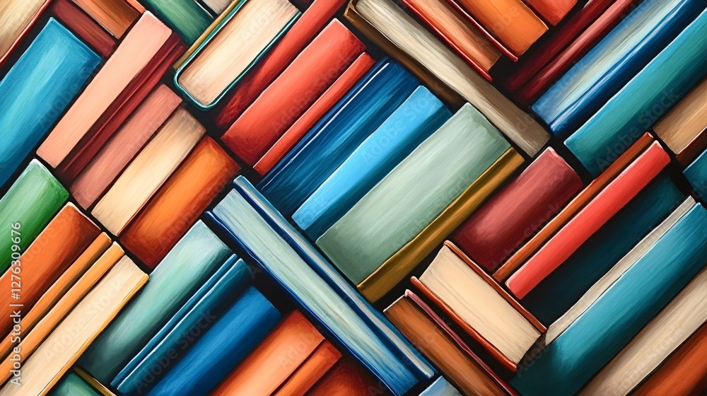 Poster hardcover books in various colors are stacked neatly, creating an interesting visual pattern with th