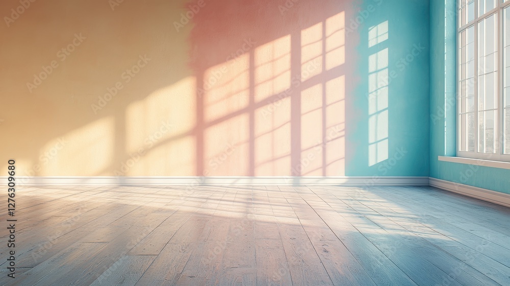Poster sunlight casting patterns on empty room with colorful walls and wooden floor