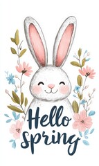 Hello spring - modern calligraphy inspirational text on floral background with cute painted bunny.