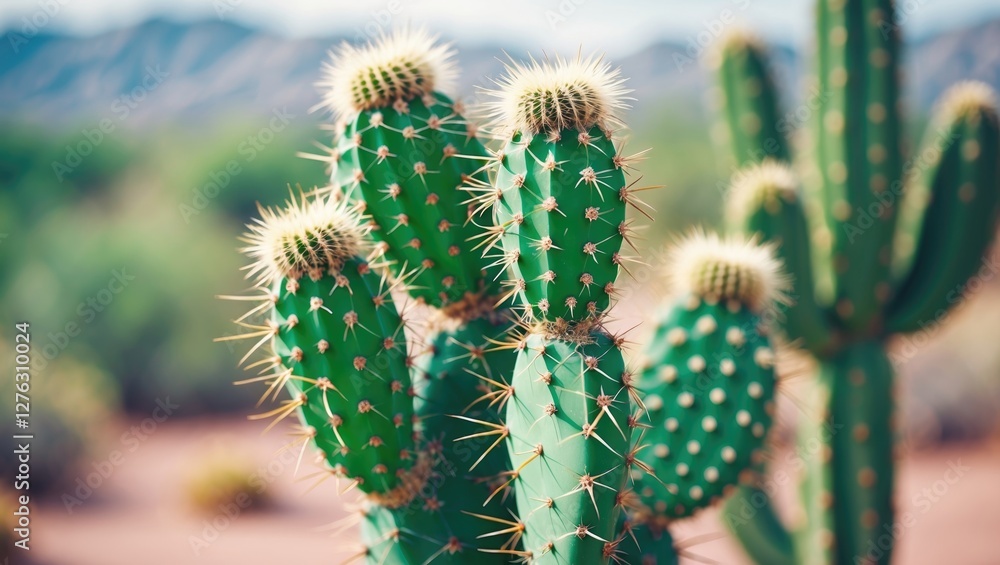 Poster cactus group with spines in desert environment with blurred background of mountains and greenery und