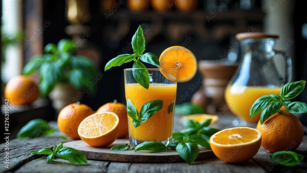 Poster freshly squeezed orange juice with basil leaves in a glass, surrounded by oranges and a jug of juice