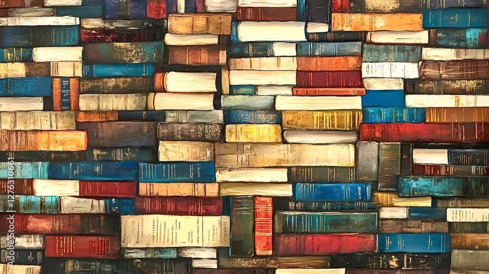 Poster many old books are stacked horizontally and vertically, creating a colorful and textured background,