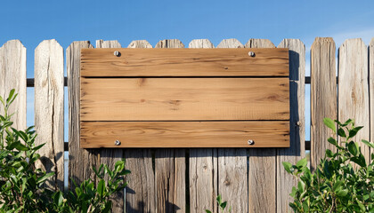 Blank wooden sign. Wooden signboard on a rustic fence with greenery under a clear blue sky.