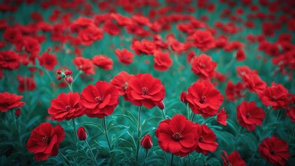 Fototapeta premium Vibrant red flowers in a lush green field with soft focus background creating a vivid floral landscape
