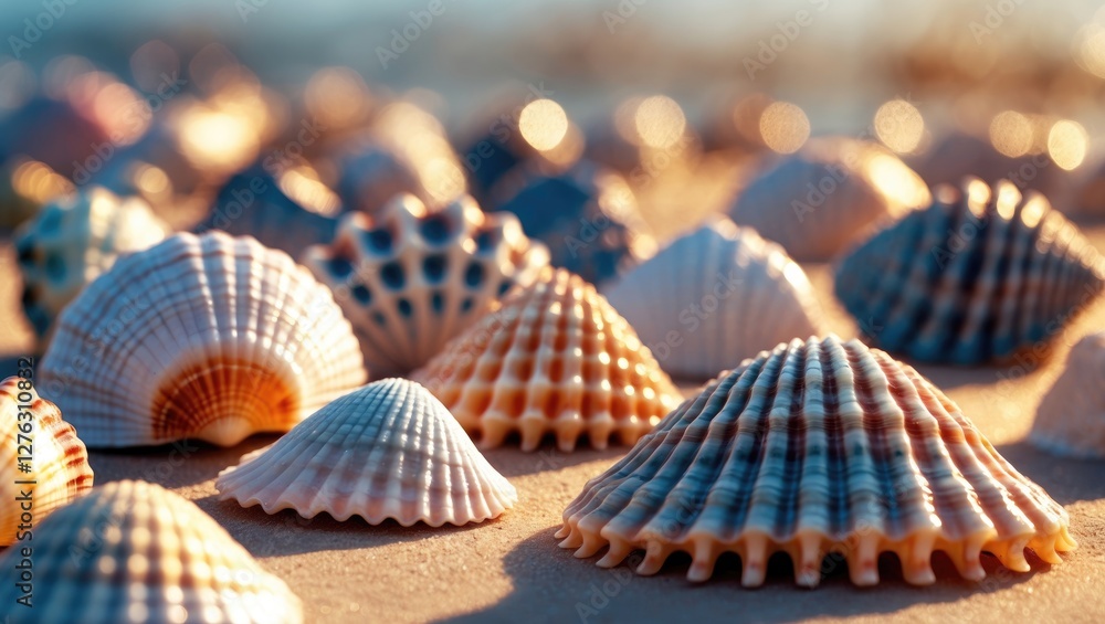 Poster colorful seashells scattered on sandy beach with natural sunlight creating a bokeh effect in the bac