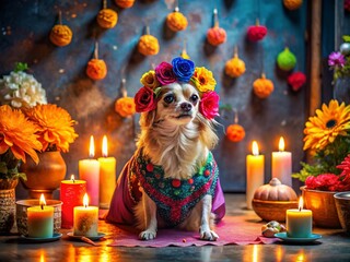Playful Sugar Skull Dog Day of the Dead Celebration Stock Photo - Festive Pet Costume