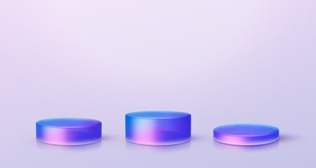 3d iridescent hologram disk, coin, podium, pedestal. Render figure with purple, pink, blue colors. Vector illustration isolated on white for design projects, product display, presentation, adv