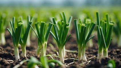 Fototapeta premium Green onion plant rows growing in rich soil under natural sunlight on agricultural field