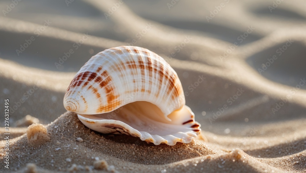 Poster close-up of a seashell on sandy beach with soft focus background capturing natural textures and colo