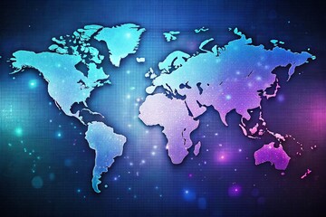 Premium Gradient Dotted Blue Purple World Map - Low Light Photography Stock Photo