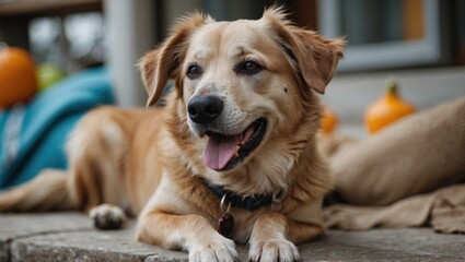 Golden retriever mix dog lying on a stone patio with pumpkins and soft textiles in the background on a sunny day.