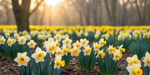 Obraz premium Field of blooming daffodils with yellow flowers and green leaves in soft morning light with blurred trees in background