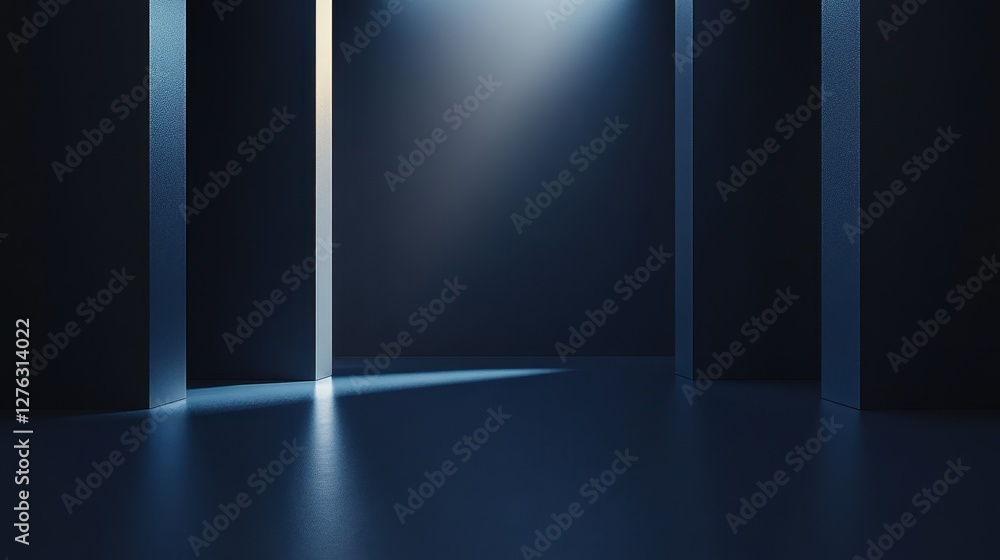 Poster empty blue hallway with dramatic lighting creating shadows and depth in minimalist space
