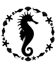 Seahorse silhouette of a sea animal in a round frame - vector template for printing or cutting. Seahorse animal composition on a marine theme	