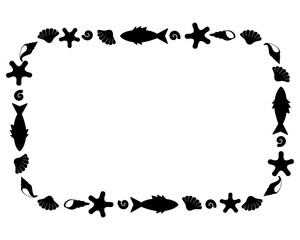 Fototapeta premium Marine silhouette horizontal frame of fish, shells and other underwater animals. Frame for the design of text or drawings in a marine style. 