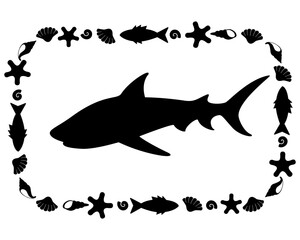 Shark silhouette of a sea animal in a rectangular frame - vector template for printing or cutting. Sea animal fish shark composition on a marine theme	