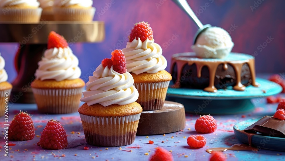 Poster cupcakes with raspberry topping alongside a chocolate dessert with ice cream on a colorful backgroun