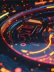 Tech Core: A vibrant, close-up shot of a futuristic technological core, with flowing lines of light and intricate circuitry, representing innovation and advanced technology.