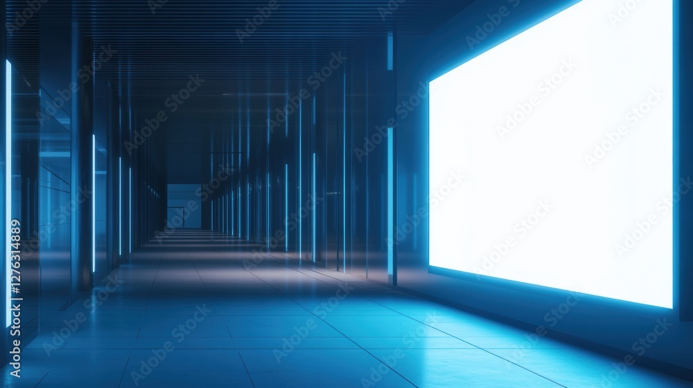 Poster futuristic illuminated corridor with white screen for digital display in dark hallway setting