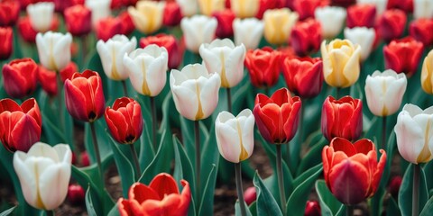 Vibrant tulip flowers in a garden with red white and yellow blooms surrounded by green leaves under natural lighting