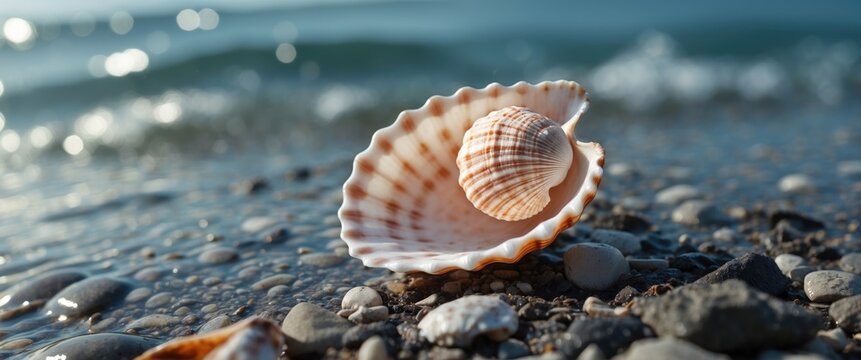 Close-up of a seashell with a smaller shell inside on a pebbled beach with gentle waves in the background under natural light