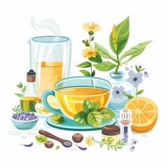 A drawing of a cup of tea with a lemon slice and a few herbs