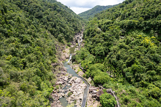 Top view of the river in the canyon in the center of Hainan Island, China. The wildlife of the island. national park in China.