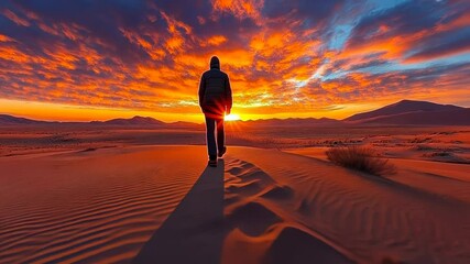 Solitary figure walking through desert at sunset with vibrant sky