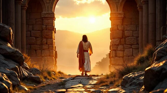 Jesus emerges from a cave after the resurrection at sunset, view from behind showing red robe and bare feet, religious and spiritual concept illustration.