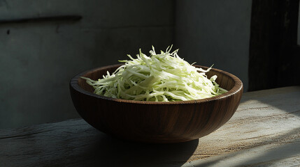 A wooden bowl filled with freshly cut shredded cabbage