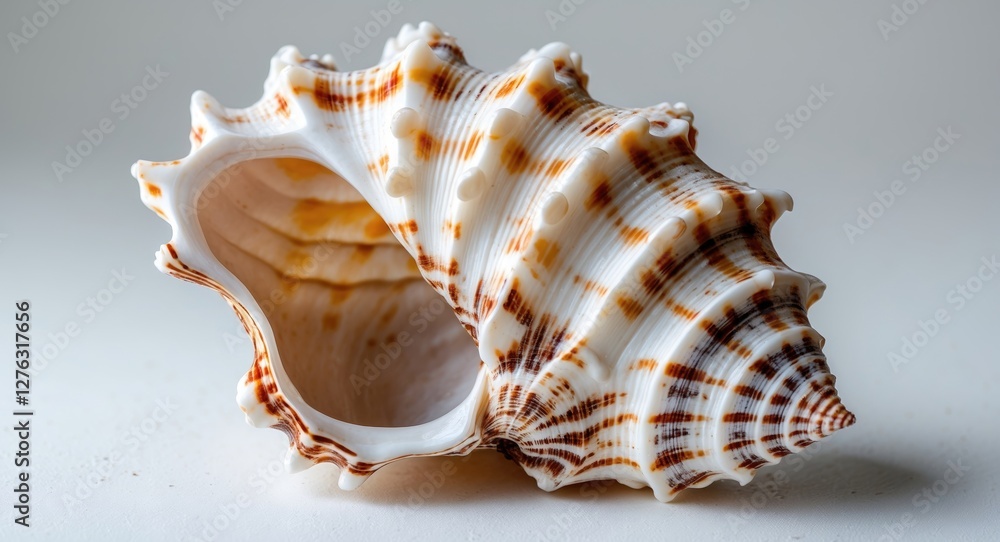 Aufkleber close-up of a spiral conch seashell with a glossy white and brown pattern on a light background