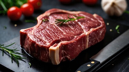 Fototapeta premium Fresh raw ribeye steak displayed on a black cutting board with rosemary and cherry tomatoes in a kitchen setting