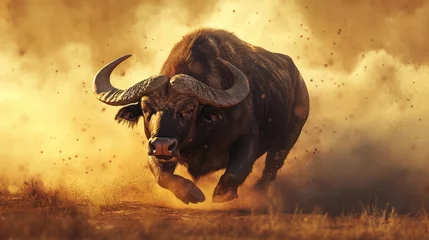 Poster A buffalo breakdancing in the savannah, mid-spin, with dust flying in every direction.