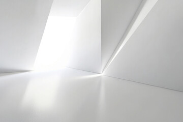 Modern, minimalist interior space with a focus on clean lines and a stark, white color palette. A presentation backdrop with beautiful diffused lighting and intricate architecture.