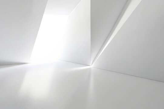 Modern, minimalist interior space with a focus on clean lines and a stark, white color palette. A presentation backdrop with beautiful diffused lighting and intricate architecture.