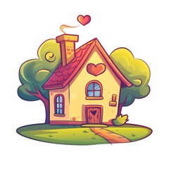 A cartoon house with a red roof and a heart on it