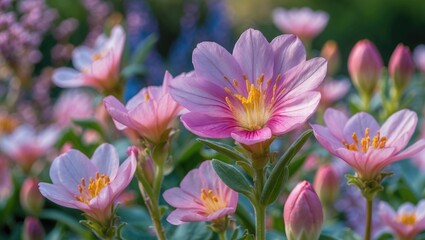 Close-up of pink flowers with yellow center in a garden setting during daylight, showcasing vibrant petals and lush green foliage.