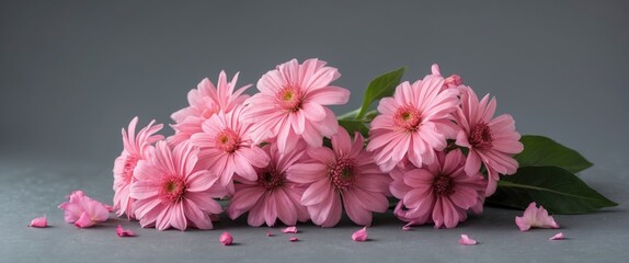 Pink daisies arranged elegantly on a textured surface with green leaves and scattered petals in a soft light setting