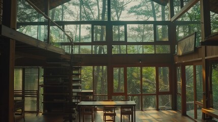 Obraz premium Serene Forest House: A Sanctuary of Wood and Glass