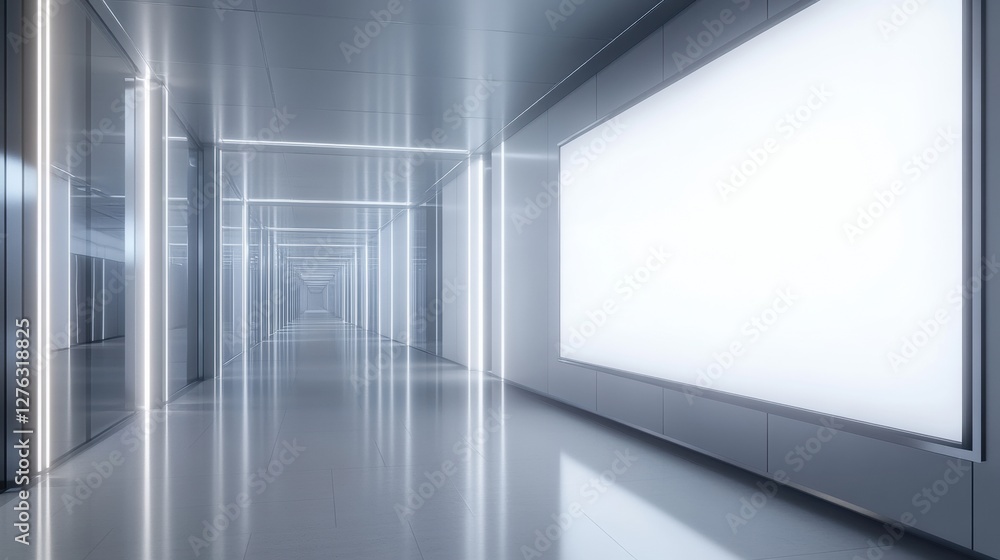 Poster infinite perspective hallway with illuminated panels and metallic reflections abstract design