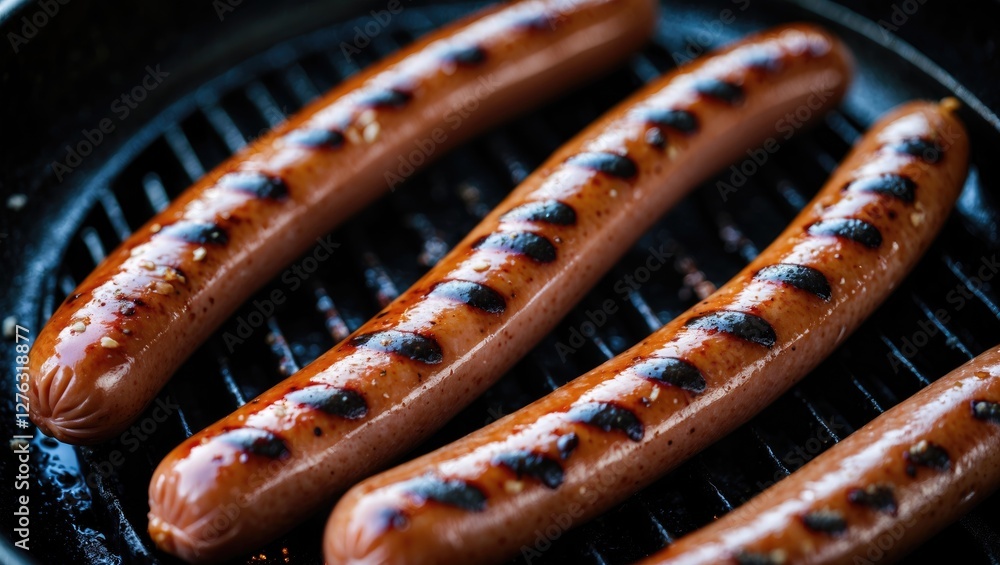 Poster grilled sausages displayed on a barbecue grill with distinct char marks and a vivid color contrast o