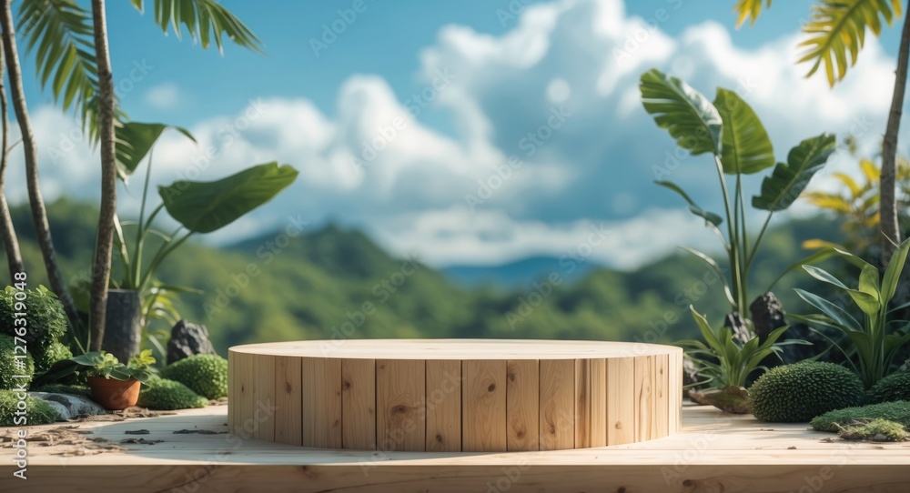 Poster wooden display platform surrounded by lush greenery under a bright sky with clouds and distant mount