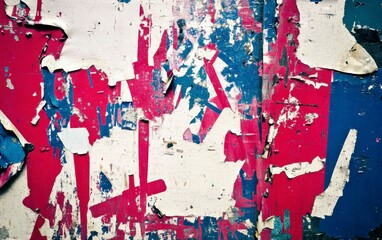 Naklejka premium Urban Decay Wall with Faded Red Blue and White Paint and Ripped Posters Street Art Texture Abstract