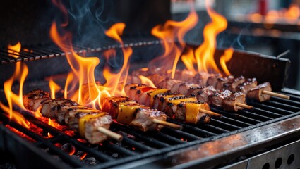 flame grilled meat skewers cooking on barbecue with smoke and fire capturing the essence of outdoor culinary experience