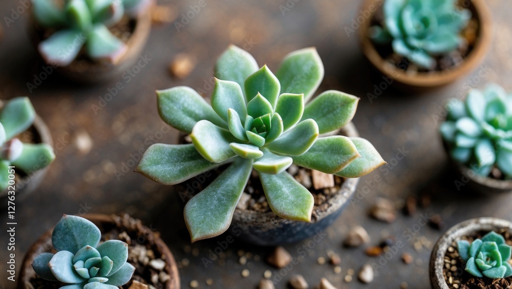 Poster various succulent plants in small pots arranged on a textured surface with pebbles and soil visible