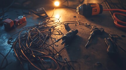 Damaged cables scattered across a metal table with a power drill. Featuring wear and breakage