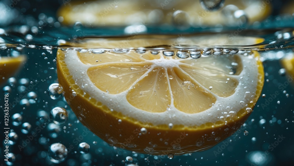 Poster sliced lemon submerged in clear water with bubbles rising to the surface and a dark background